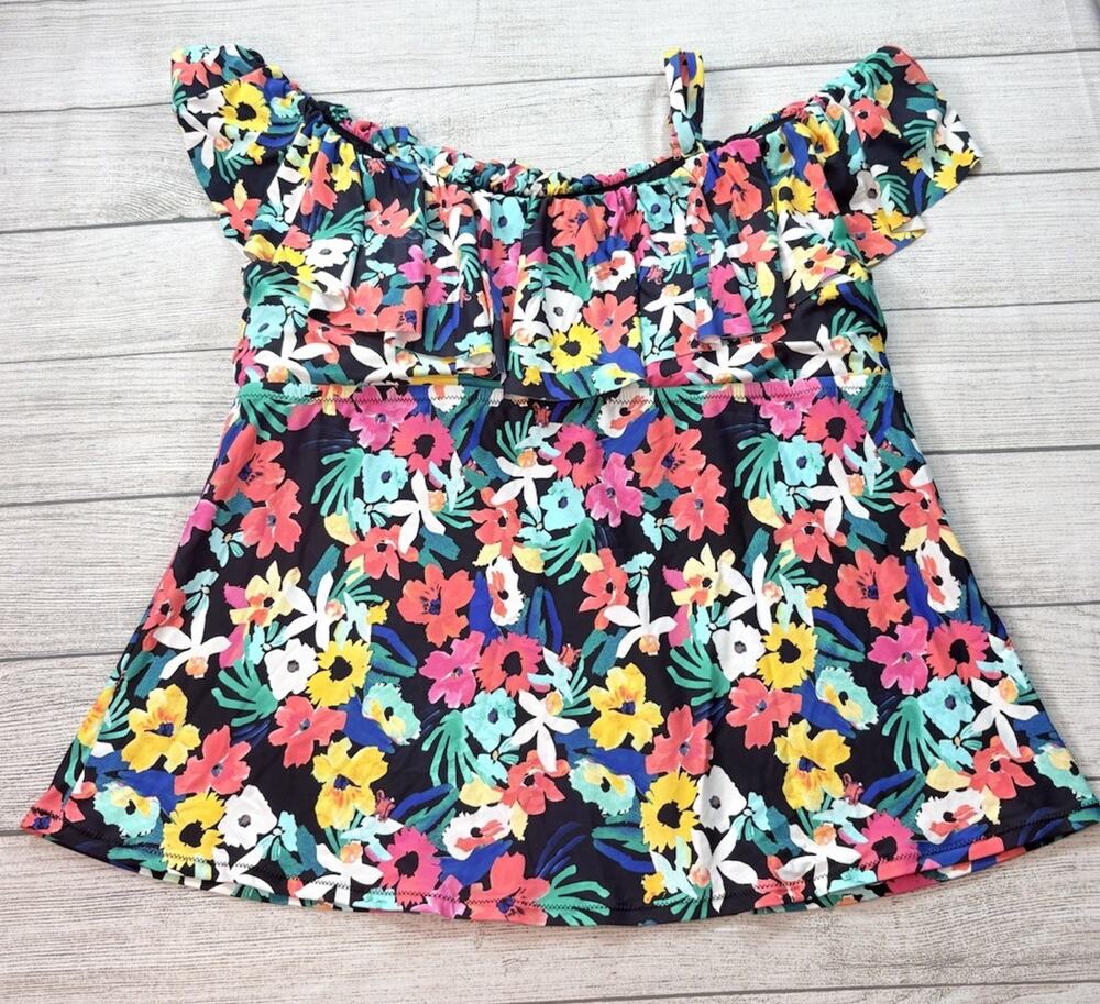 Island Escape Ruffle Front Tankini Top Floral Multicolor Swim Underwire Size 24W